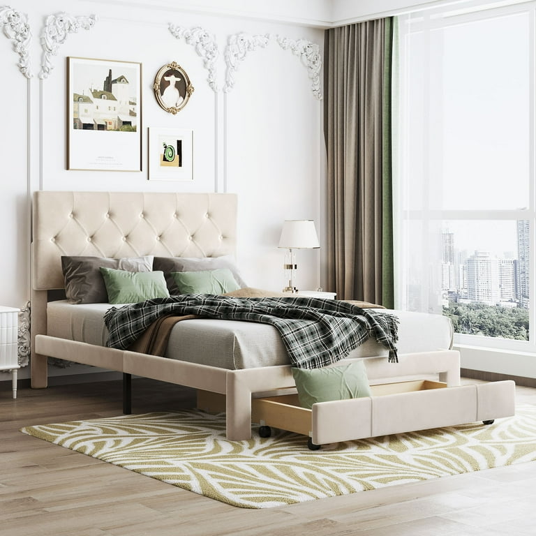 Platform Bed Full Size Velvet Upholstered Platform Bed Frame with