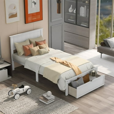 Platform Bed with Headboard and Footboard, Solid Wood Platform Bed with Storage Drawer, Twin Size Wooden Bed Frame with Under-bed Drawer, No Spring Box Needed, White