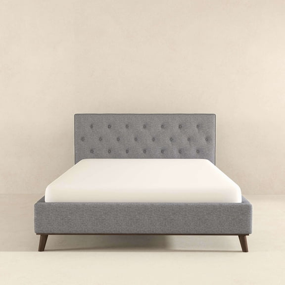 Platform Bed King Size - Sophisticated Velvet Upholstery, Solid Wood Construction, Robust Slat Support, Grey Luxurious Covering, Foam Padding, Frame, Reliable