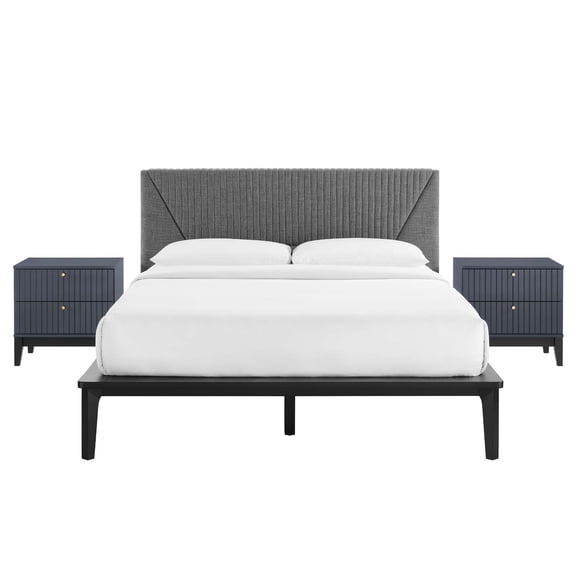 Platform Bed Nightstand Set, Queen Size, Blue, Wood, Modern Contemporary, Mid Century Bedroom Master Guest Suite Room