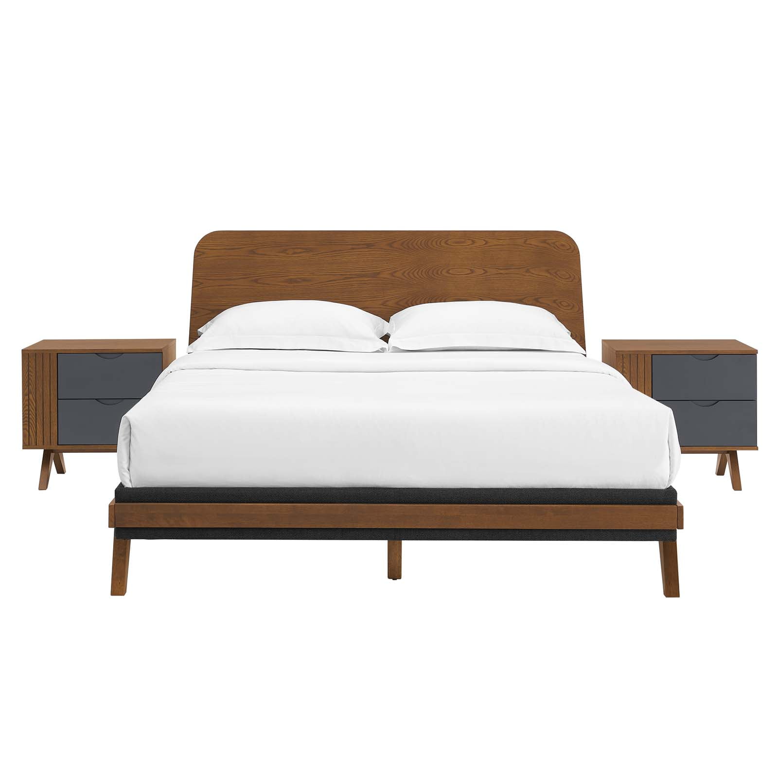 Platform Bed Nightstand Set, Queen Size, Walnut, Wood, Modern Contemporary, Mid Century Bedroom Master Guest Suite Room