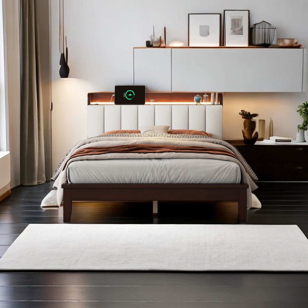 Platform Bed, Queen Size LED Wood Bed Frame with USB Charging Station ...