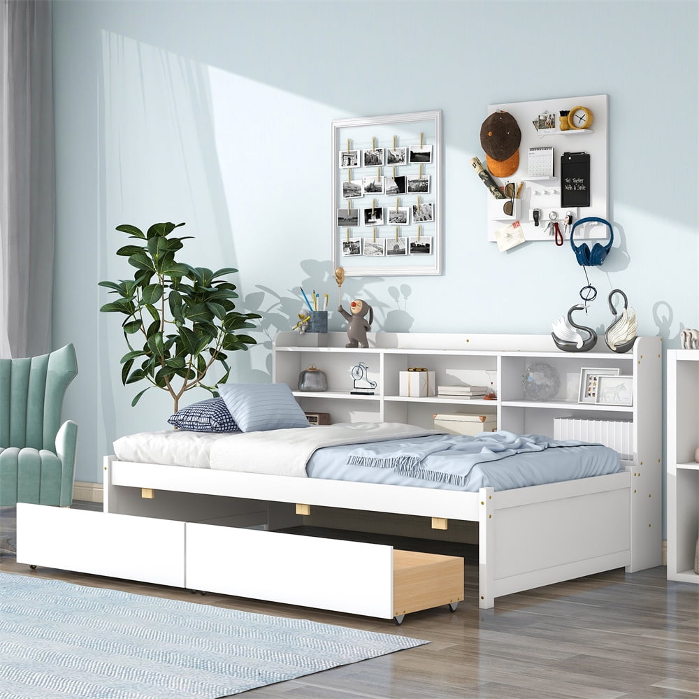 Platform Bed with Side Bookcase Solid Wood Twin Size Platform Bed Frame with 2 Storage Drawers and Slats Support Multifunctional Daybed Sofa Bed for