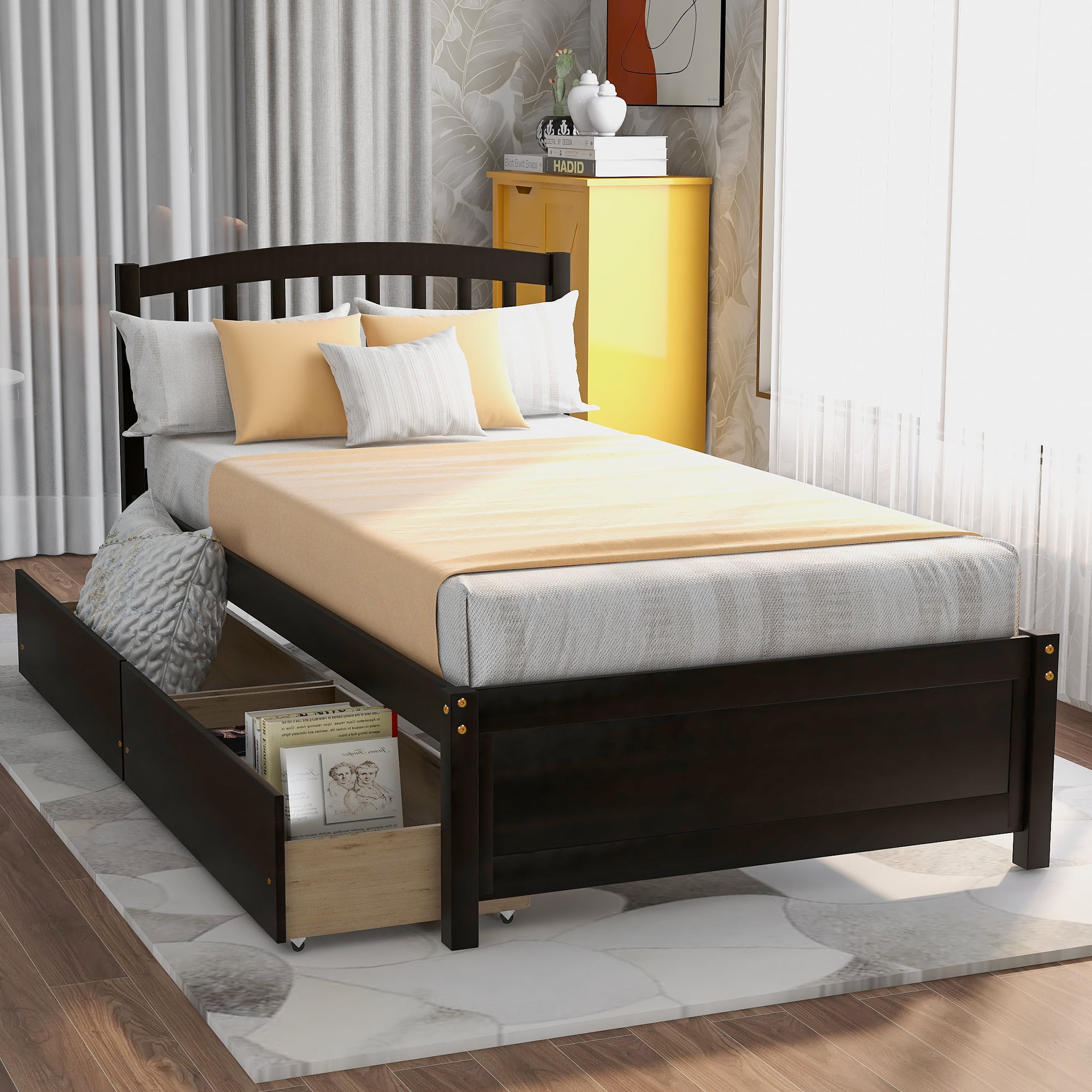 Modern Bedroom Wooden Frame Single Bed Cushion Frame W/2 Storage Drawers  200 Lbs
