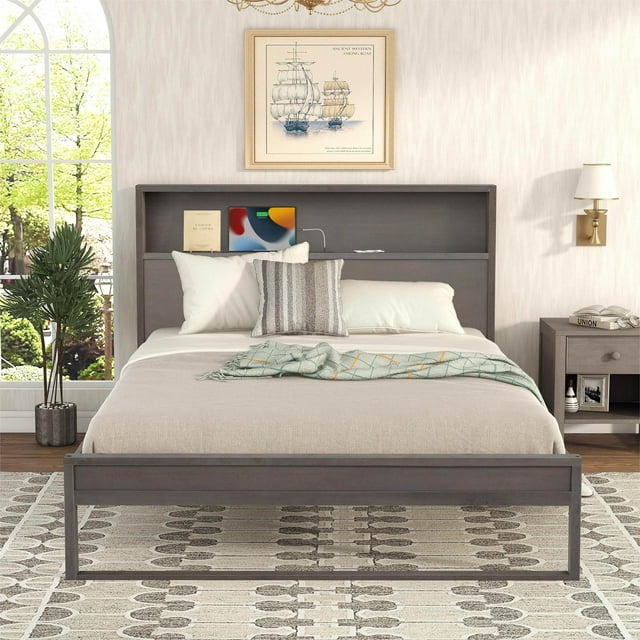 Platform Bed with Storage Headboard, Wood Queen Size Bed Frame with USB Charging Ports & Socket on the Headboard, Rustic Wood Platform Bed, Multi-Functional Panel Bedframe, Antique Gray