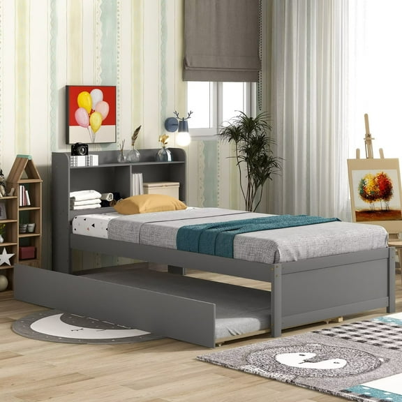 Platform Bed Twin Size, 2-in-1 Twin Platform Bed with Twin Trundle Bed and Storage Headboard Shelves, Wooden Storage Bed Frame with Slats Support for Boys Girls Adults Bedroom, Gray
