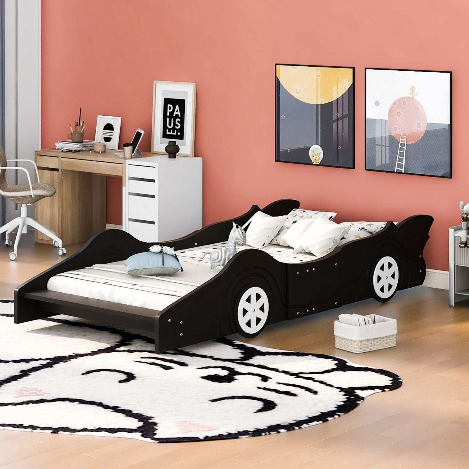 Platform Bed Twin Size Race Car Shaped Bed Frame with Wheels Wood Car Bed Frame for Boys and Girls No Box Spring Needed Easy Assembly Black Walmart