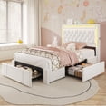 thumbnail image 1 of Platform Bed Twin Size with Storage Drawers and Headboard,, Twin Size Velvet Upholstered Bed with RGB Lighting and Power Outlet, No Box Spring Needed, Noise-Free, White, 1 of 7