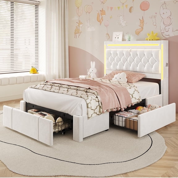 Platform Bed Twin Size with Storage Drawers and Headboard,, Twin Size Velvet Upholstered Bed with RGB Lighting and Power Outlet, No Box Spring Needed, Noise-Free, White