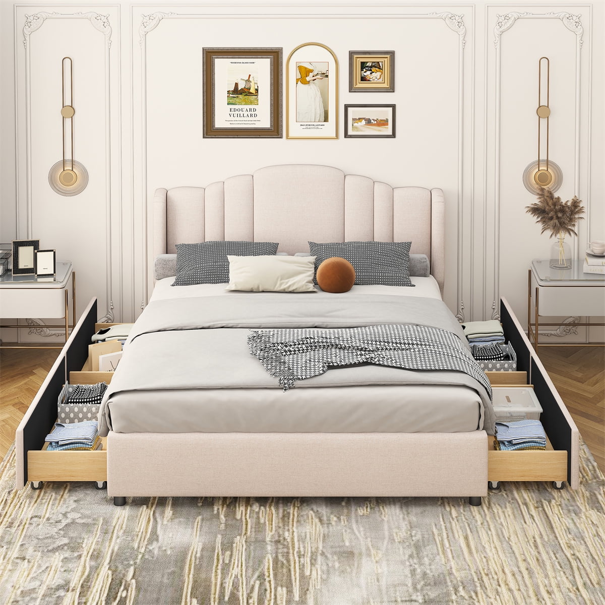 Platform Bed with Wingback Headboard and Footboard,Queen Size Storage