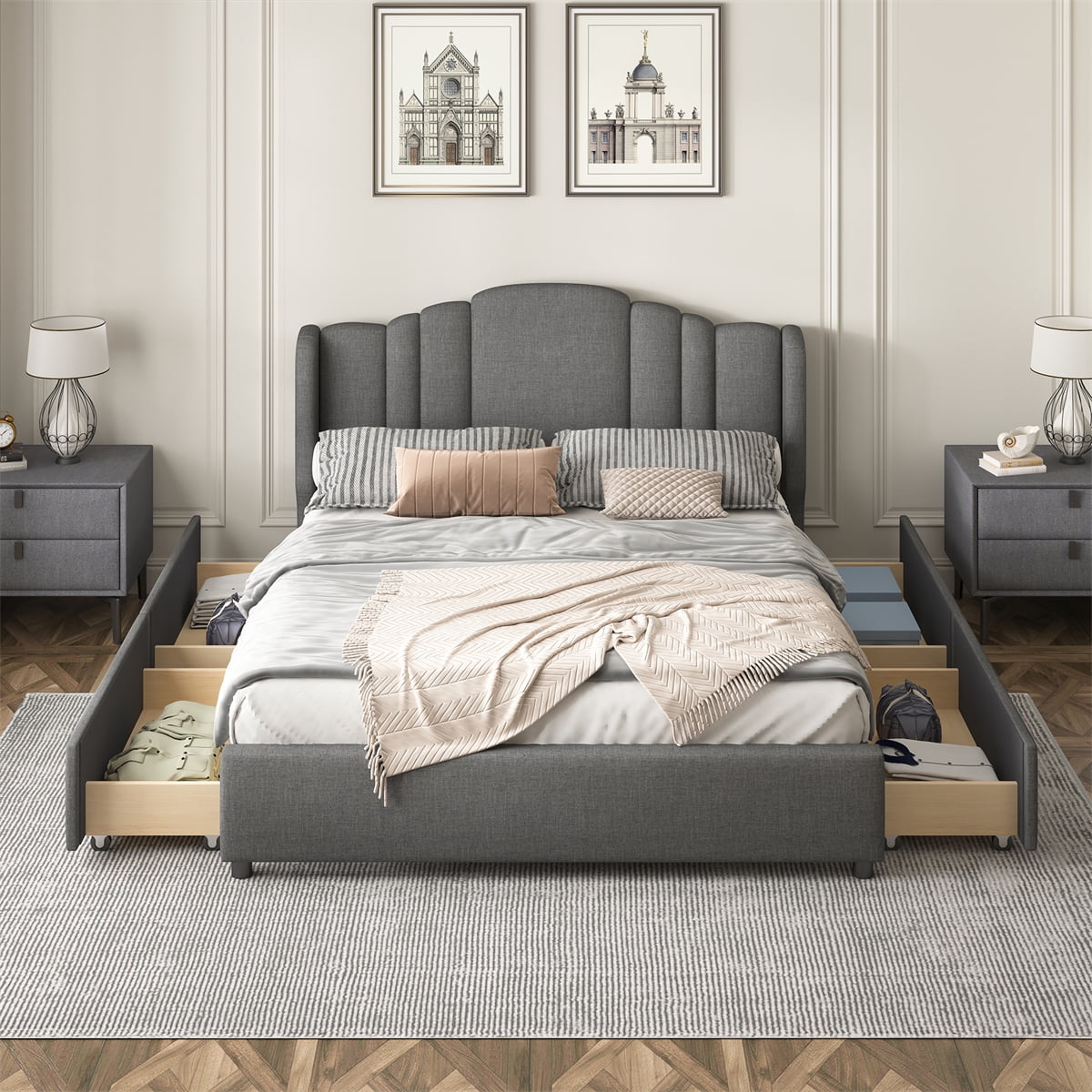 Platform Bed with Wingback Headboard and Footboard,Queen Size Storage