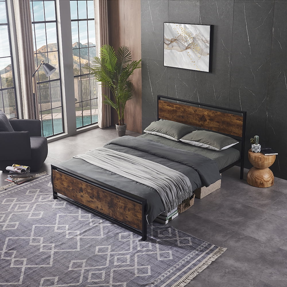 Platform Bed with Wooden Headboard and Footboard, Metal Bed Frame with ...