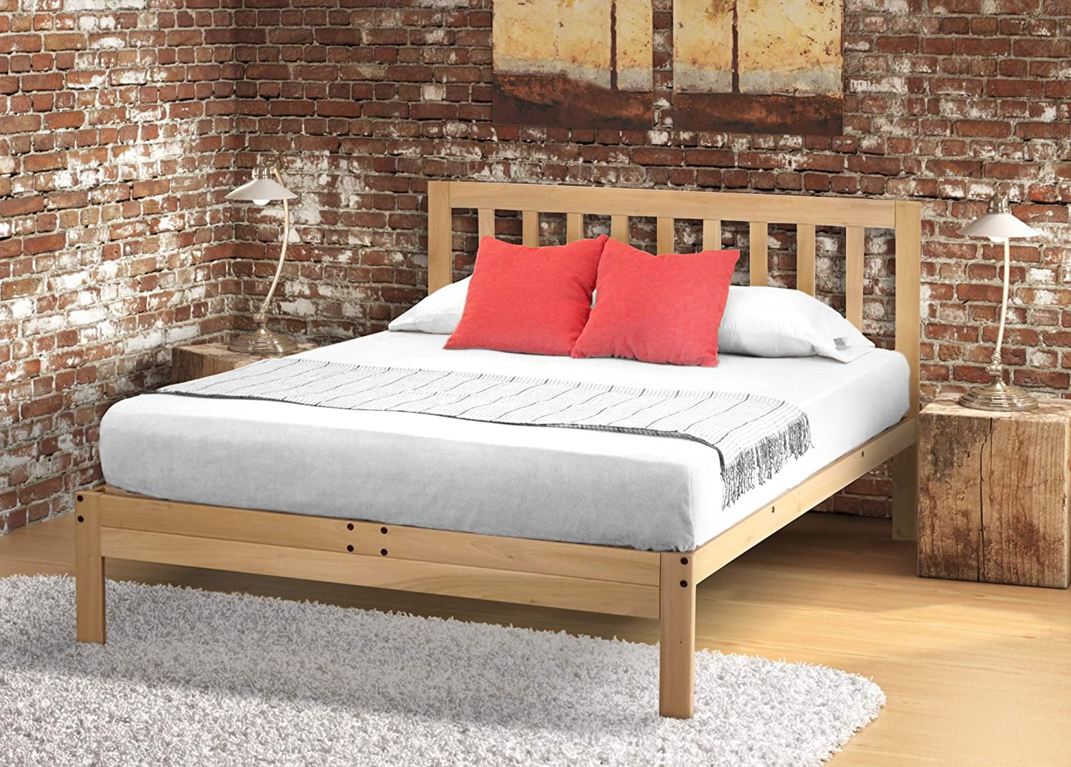 Platform Bed XL Bed Unfinished Wood Bed Frame Natural Minimalist Bed with Slatted Headboard Easy Assembly No Box Spring Needed Solid Wood