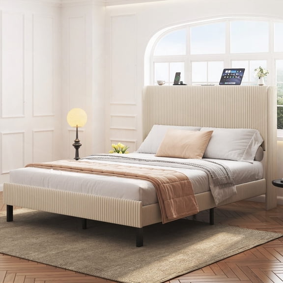 Platform Bed for Queen Size, Metal with Charging Station & Heavy-duty Slats, No Box Spring, Easy to Assemble