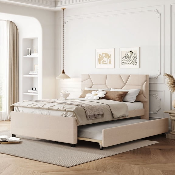 Platform Bed in Full Size, Beige Linen with Brick Pattern Headboard and Twin Trundle, 400LBS Weight Support
