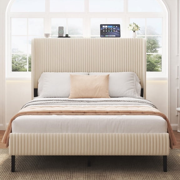 Platform Bed with Charging Station, Sturdy Metal Slats for Full Bed, No Box Spring, Beige, Noise-Free and Easy Assembly