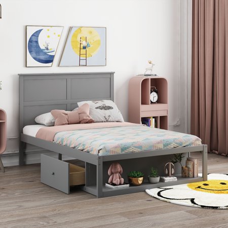 Platform Bed with Drawer on the Each Side and Shelf on the End of the Bed,Full Size