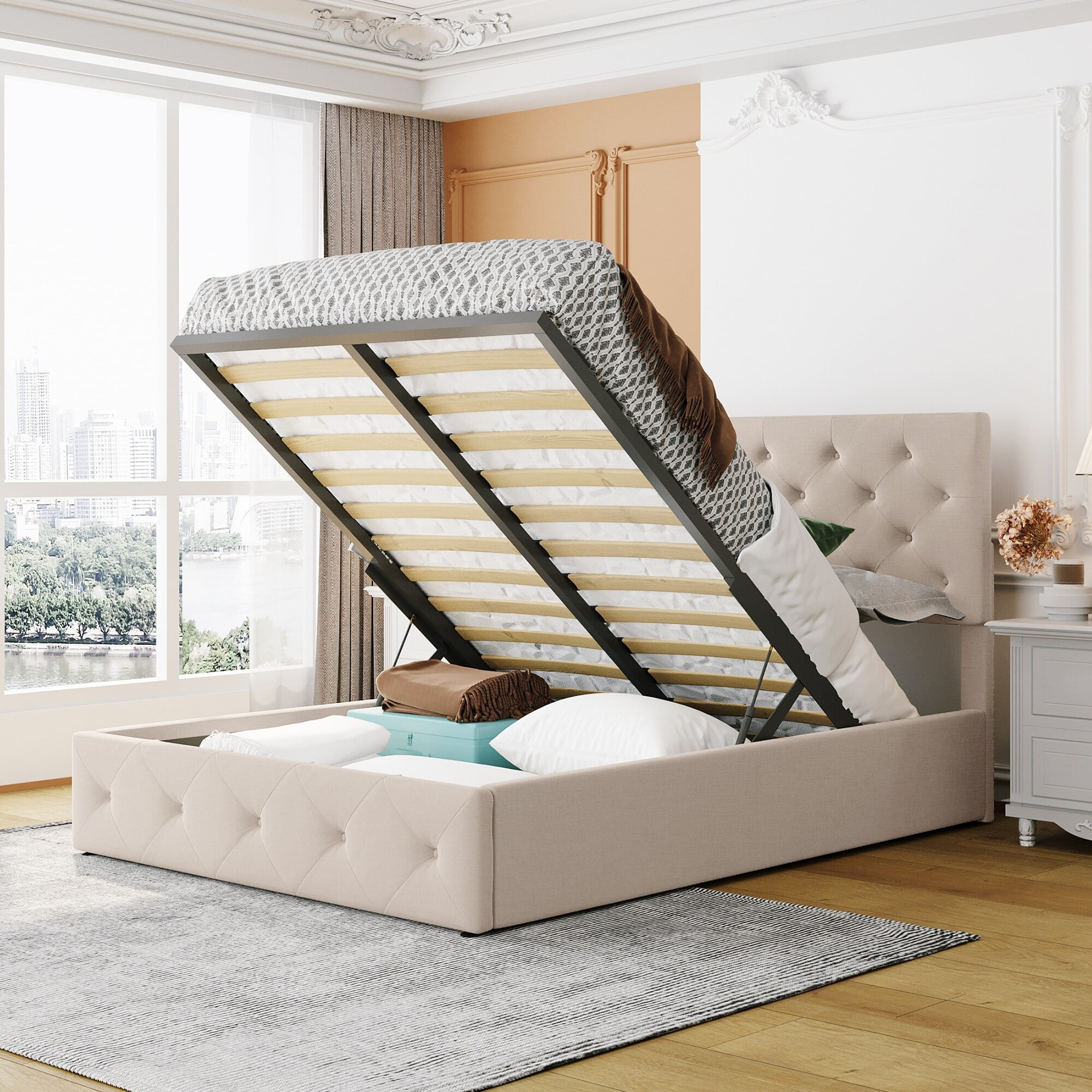 Beige Full Upholstered Platform Bed with Hydraulic Storage