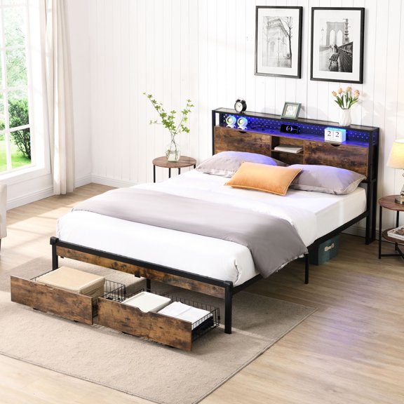 Platform Bed with King Size, 2 Drawers, LED Lights, Easy Assembly - Charge, Store and Set Up Easily