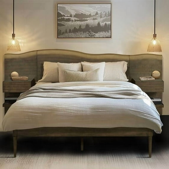 Queen-Size Bed Frame Boasting Live-Edge Headboard & Nightstands