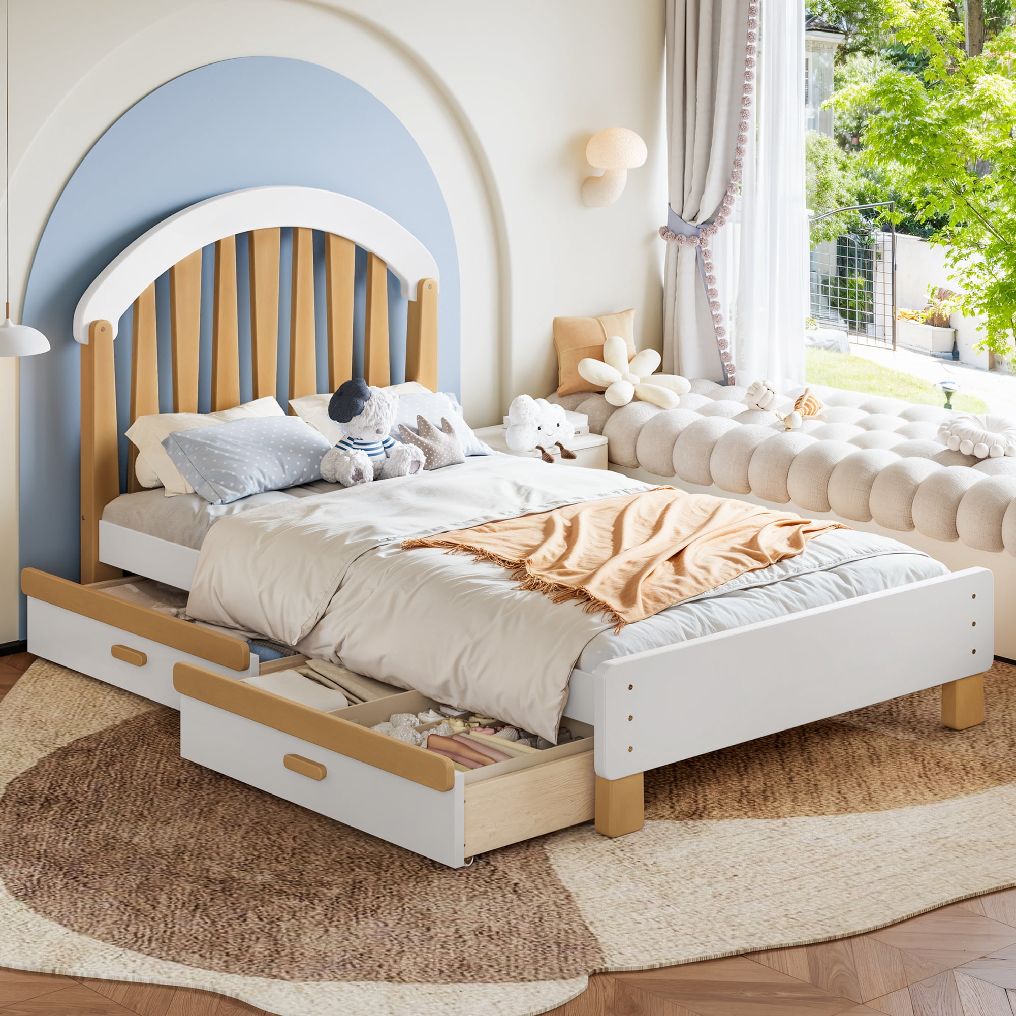 Platform Bed with Storage Drawer and Round Headboard, Twin Solid Wood Bed Frame with No Box Spring Needed for Bedroom, White and Natural