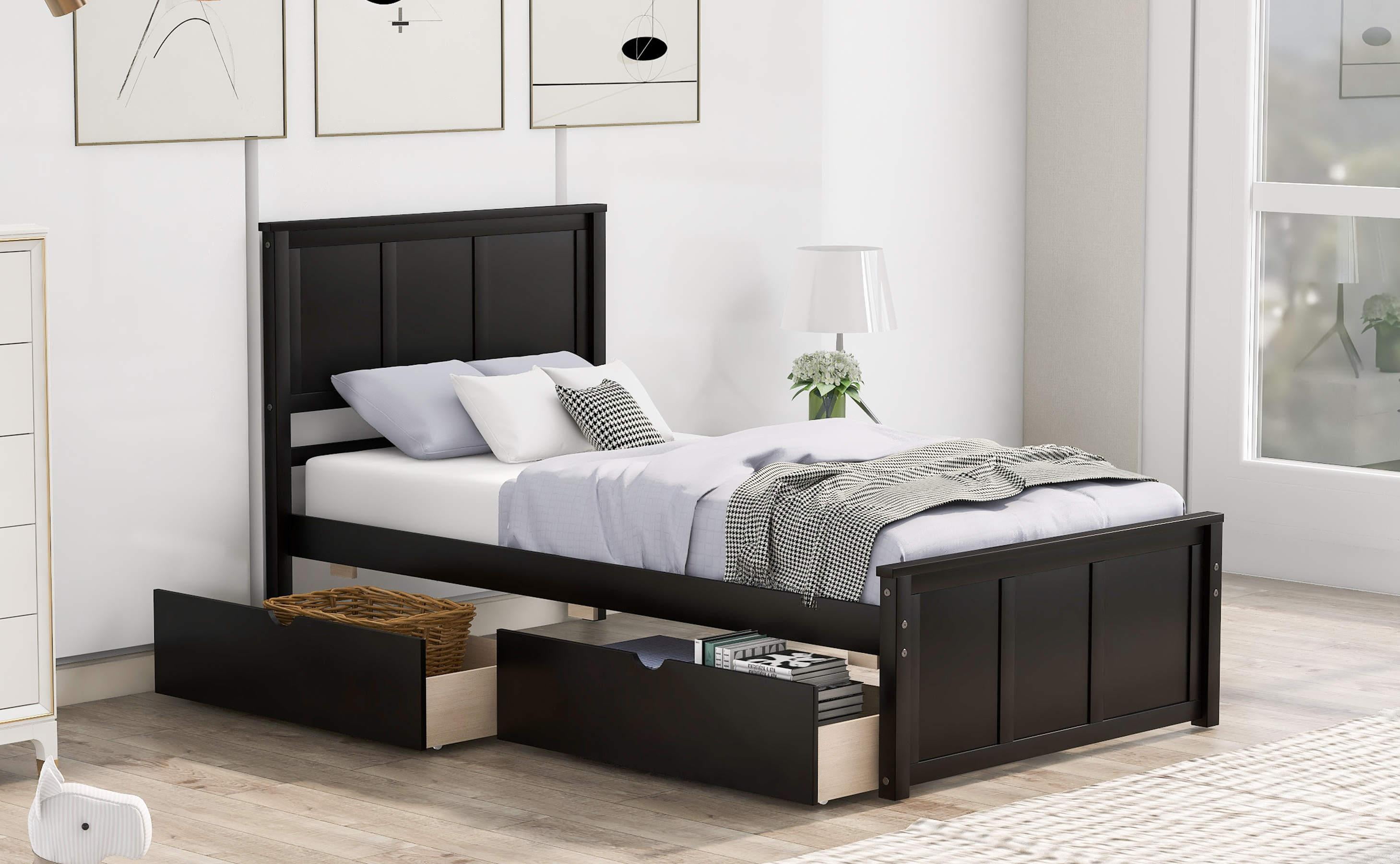 Platform Bed with Storage, Wood Twin Bed Frame, 2 Drawers with Wheels ...