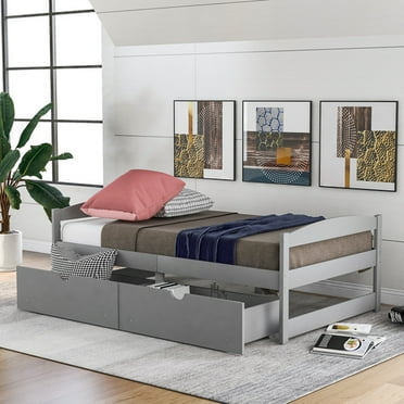 Platform Bed with Two Drawers,Twin Size Captain’s Bed,Pine Wood Twin Bed for Guest Room,No Box Spring Needed,Gray