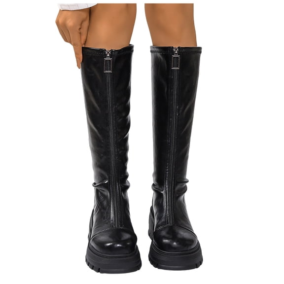 Platform Black Brown Knee High Boots Women Chunky Heel Front Zipper Stretch Leather Round Toe Over the Knee Winter Booties