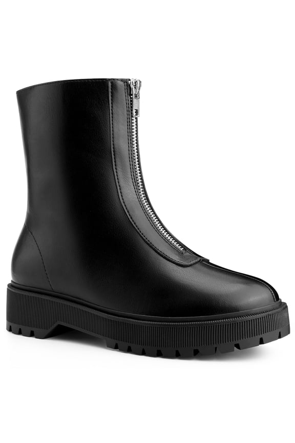 Women's Chunky Heel Ankle Boots Front Zipper Faux Leather Platform Booties Black 5.5