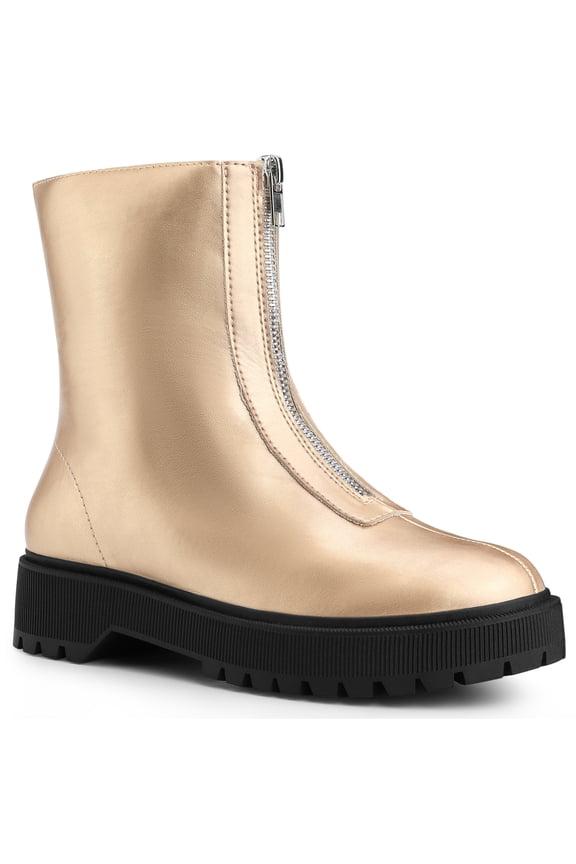 Women's Chunky Heel Ankle Boots Front Zipper Faux Leather Platform Booties Rose Gold 5.5