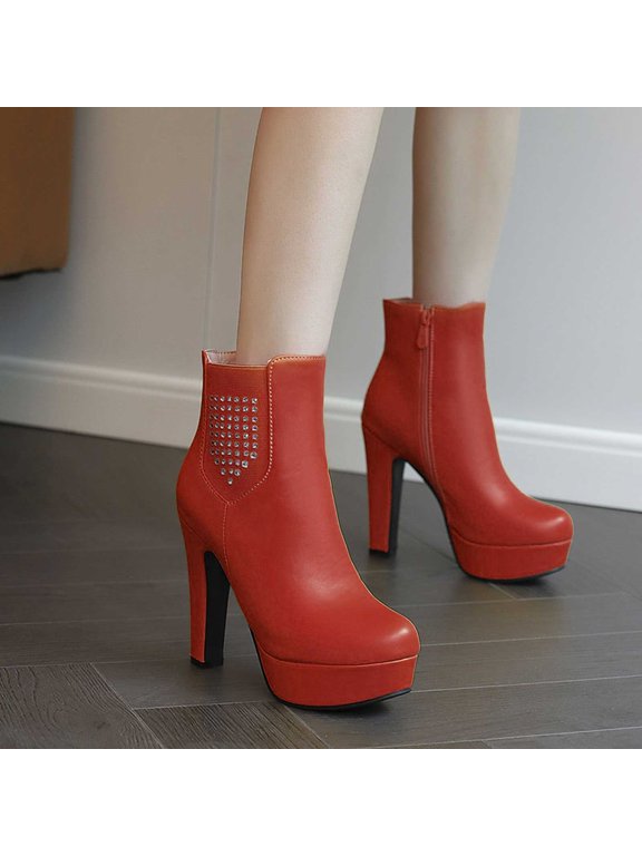 Platform Booties Round Toe Chunky High Heels Ankle Boots For Women