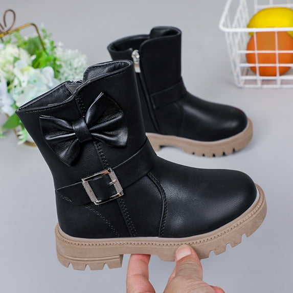 Platform Boots,Children Boots Thick Heels Soft Soles for Big Kids Mid Length Bow Leather Warm Boots for Winter,Waterproof Hiking Boots,01 Black,3.5-4 Years