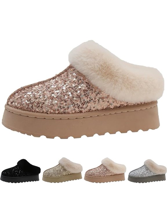 Platform Boots Slippers Mules for Women Comfort Non Slip Warm Fuzzy Collar Sequin House Fashion Winter Fluffy Upper Fleece Lined Outdoor Indoor