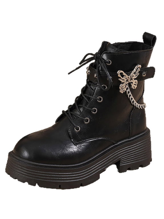 Platform Boots for Women - Womens Combat Boots with Chain Design Comfortable Goth Boots, Lightweight Chunky Heel Ankle Booties, Lace up & Zipper Closure