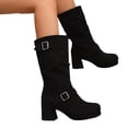 thumbnail image 1 of Platform Boots for Women Slouchy Leather Pull on Mid Calf Block Heel Dress Booties Casual Round Toe Buckle Strap Winter Long Boots Black Size 6, 1 of 6