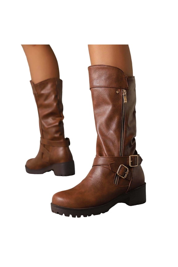 Platform Buckle Motorcycle Riding Boots for Women with Side Zipper Winter Fall Slouchy Leather Wide Mid Calf Tall Boots