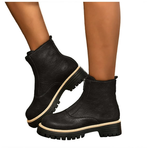 Platform Chelsea Combat Boots for Women Winter Fall Leather Zip up Mid Calf Riding Work Short Ankle Booties