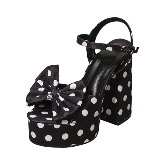 Platform Chunky Heels for Women Block Heel Sandals Bowknot Fashion Pattern Open Round Toe Ankle Strap Pumps Black Size 5.5