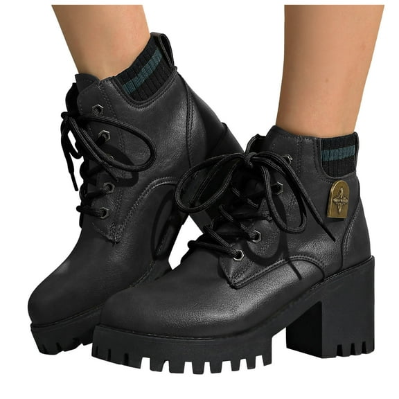Platform Combat Boots for Women 2025 Fashion Leather Lace up Chunky High Heel Mid Calf Riding Ankle Booties