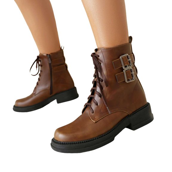 Platform Combat Boots for Women Classic Leather Buckles Lace up Chunky Heel Mid Calf Motorcycle Riding Ankle Booties with Side Zipper