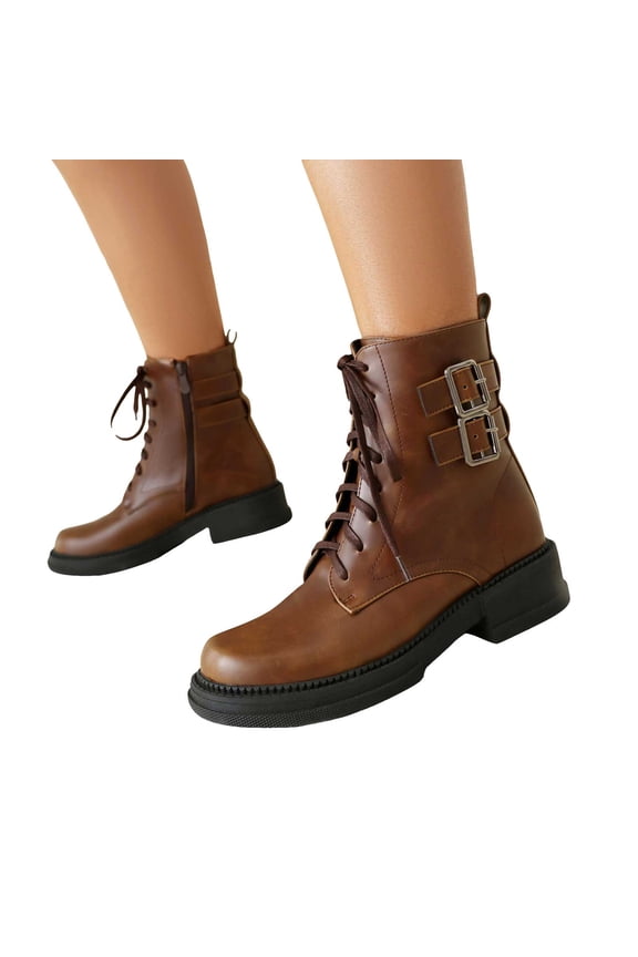 Platform Combat Boots for Women Classic Leather Buckles Lace up Chunky Heel Mid Calf Motorcycle Riding Ankle Booties with Side Zipper