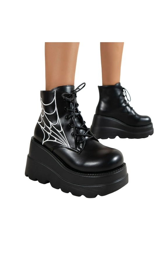 Platform Combat Boots for Women Halloween Black Leather Gothic Chunky Wedges Mid Calf Short Ankle Booties