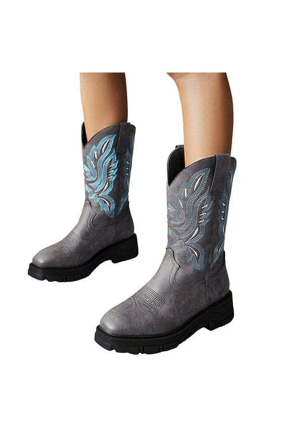 Platform Cowboy Boots for Women Men Winter Fall Vintage Country Embroidered Square Toe Chunky Wide Calf Cowgirl Riding Boots