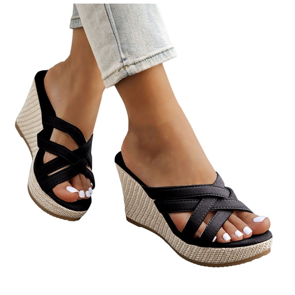Platform Espadrilles Sandals for Women Wedges Heels Slip on Slides Casual Open Toe Strappy Beach Shoes Black Size 7