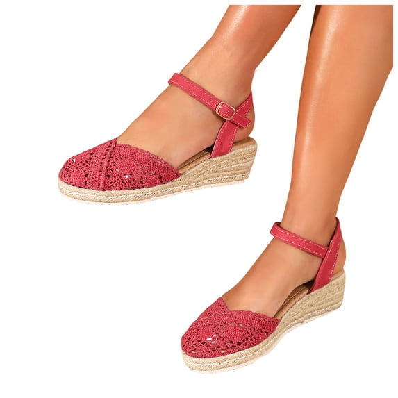 Platform Espadrilles Wedge Sandals for Women Closed Toe Adjustable Ankle Dressy Heels Everyday Breathable Walking Shoes 1-Red Size 6.5