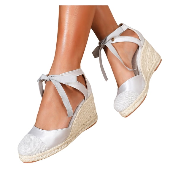 Platform Espadrilles Wedge Sandals for Women Closed Toe Adjustable Ankle Dressy Heels Everyday Breathable Walking Shoes 2-Silver Size 6.5