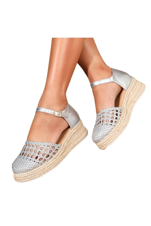 Platform Espadrilles for Women Closed Toe Woven Wedge Sandals Breathable Hollow out Upper Comfy Arch Support Footbed Ankle Strap Beach Shoes Silver Size 7.5