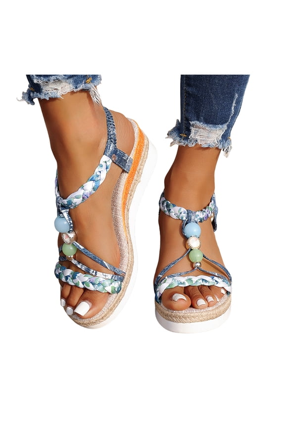 Platform Espadrilles for Women Bohemia Beaded Sandals Open Toe Wedges Heels Trendy Elastic Band Slingback Beach Shoes Blue Size 7