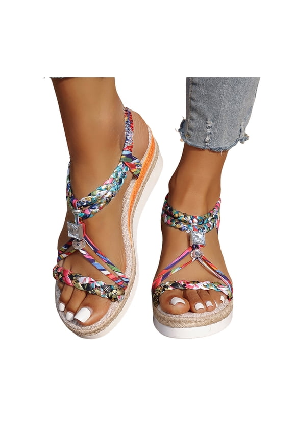 Platform Espadrilles for Women Bohemia Beaded Sandals Open Toe Wedges Heels Trendy Elastic Band Slingback Beach Shoes Pink Size 8