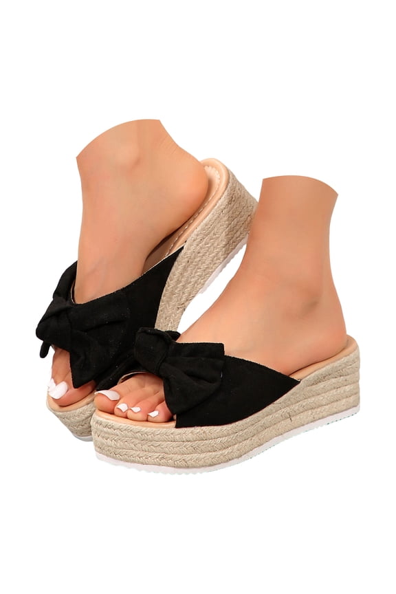 Platform Espadrilles for Women Cute Bowtie Low Wedge Sandals Open Toe Summer Dressy Slides Beach Vacation Slip on Casual Shoes Black Size 7.5
